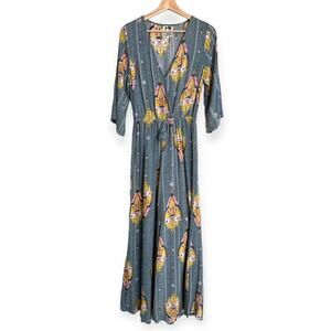 Jaase Blue Surplice V Neck 3/4 Sleeve Wide Leg Ankle Jumpsuit Women's Size M